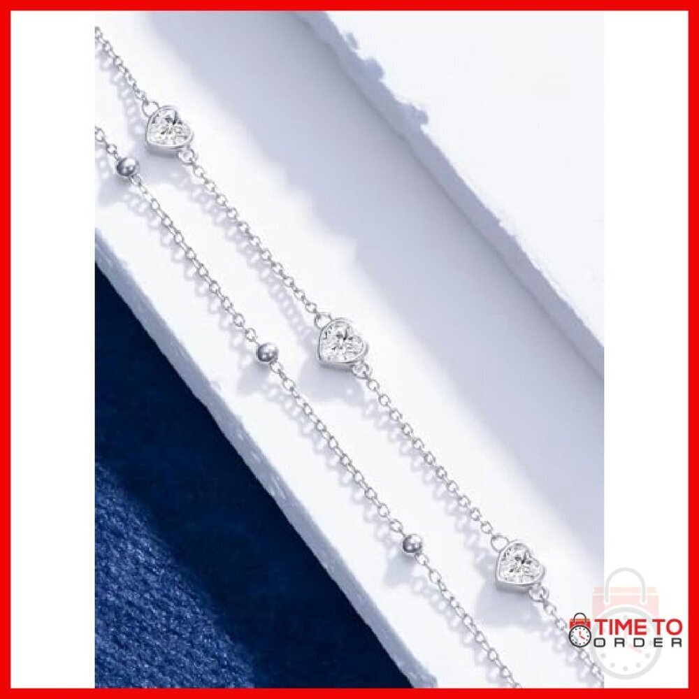 Sterling Silver Double Strand Heart Anklet with Birthstone Charm - Picture 4 of 8